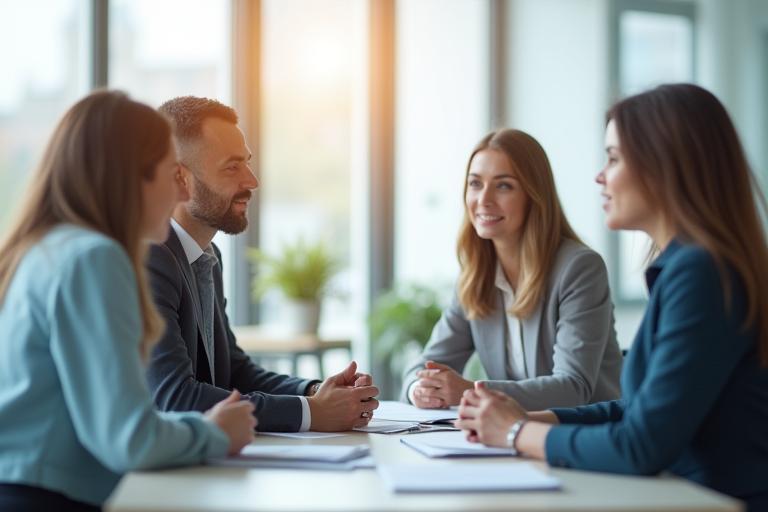 Group of professionals engaged in discussion in a bright, modern office.